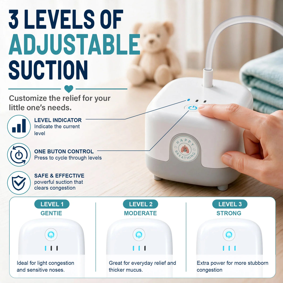 Baby Nasal Aspirator for Cordless Nasal Care with Three Adjustable Suction Levels and a Travel Case