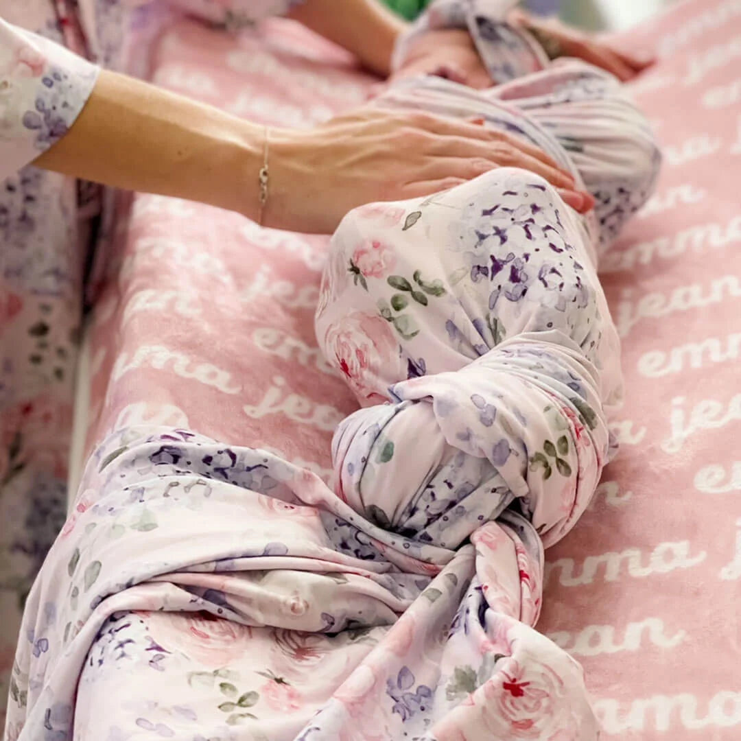 Baby Swaddle Blanket in Pink and Purple Hydrangea Print,