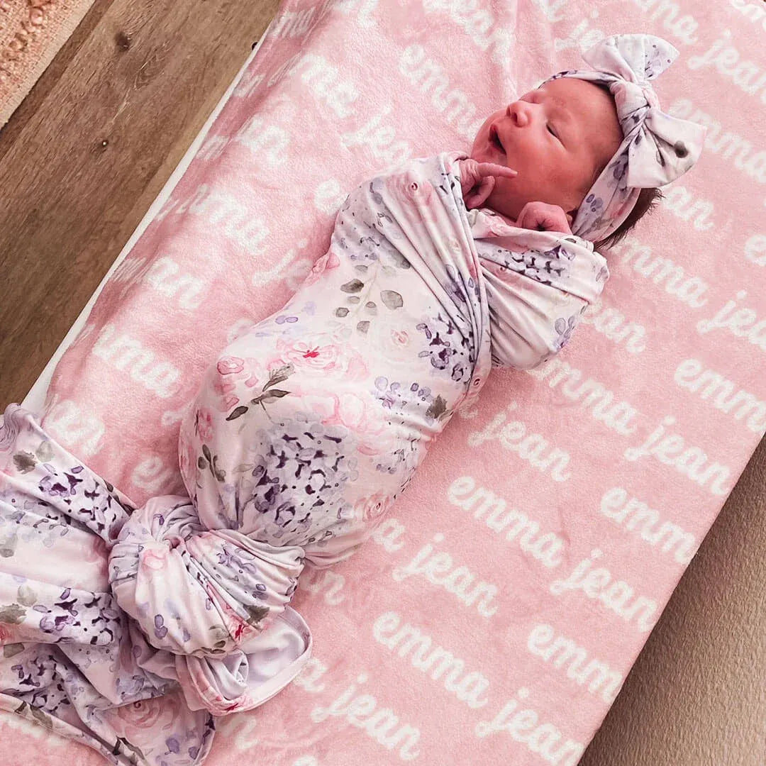 Baby Swaddle Blanket in Pink and Purple Hydrangea Print,
