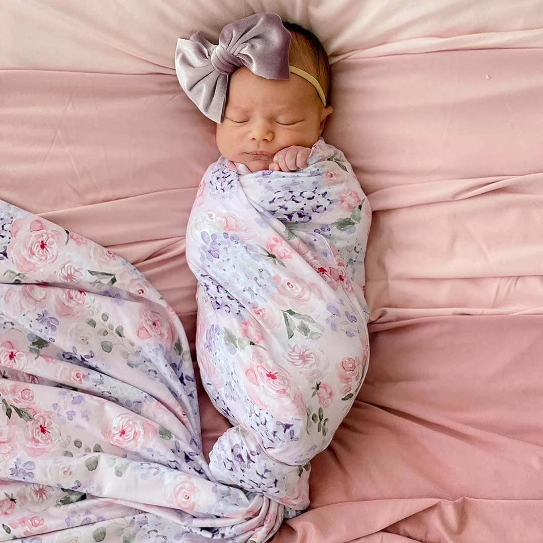 Baby Swaddle Blanket in Pink and Purple Hydrangea Print,