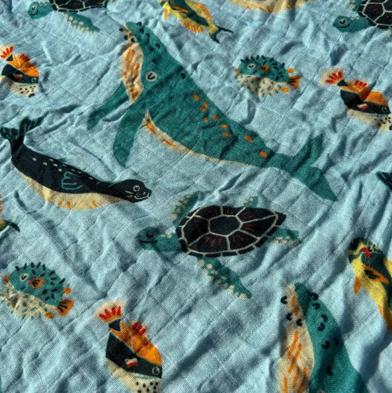 Baby Swaddle Blanket, Ocean Friends Bamboo Muslin 47 x 47 Inch Newborn Wrap and Multi-Use Baby Blanket