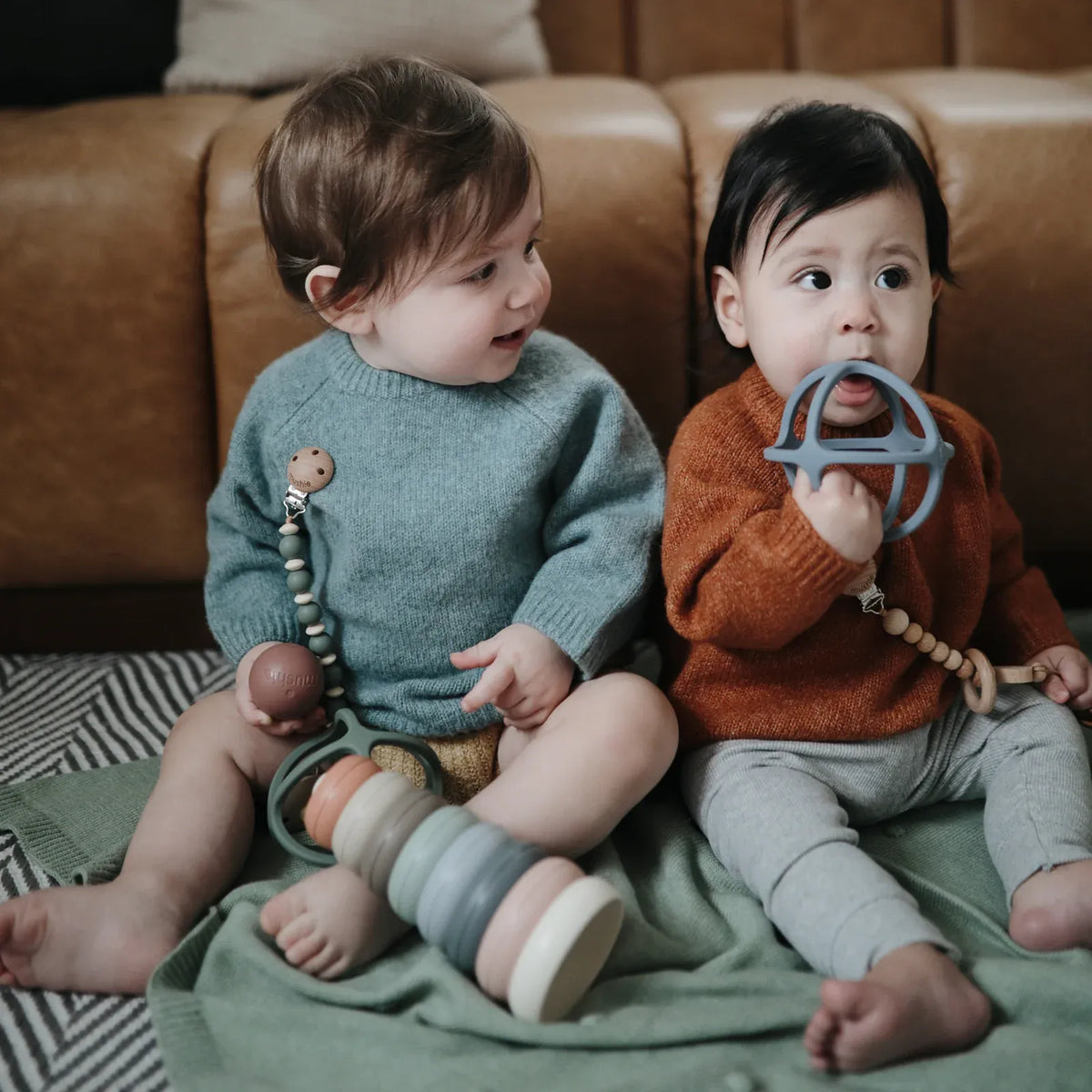 Baby Teether Ball in Food-Grade Silicone with Easy-Grasp Geometric Design and Five Neutral Color Choices