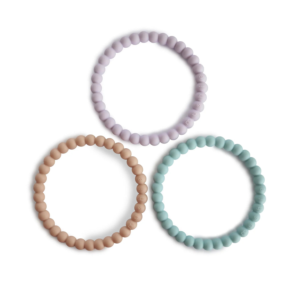Baby Teether Bracelet in Food-Grade Silicone with Easy-Grasp Pearl Bead Design and Five Color Combina — Lilac/Cyan/Soft Peach