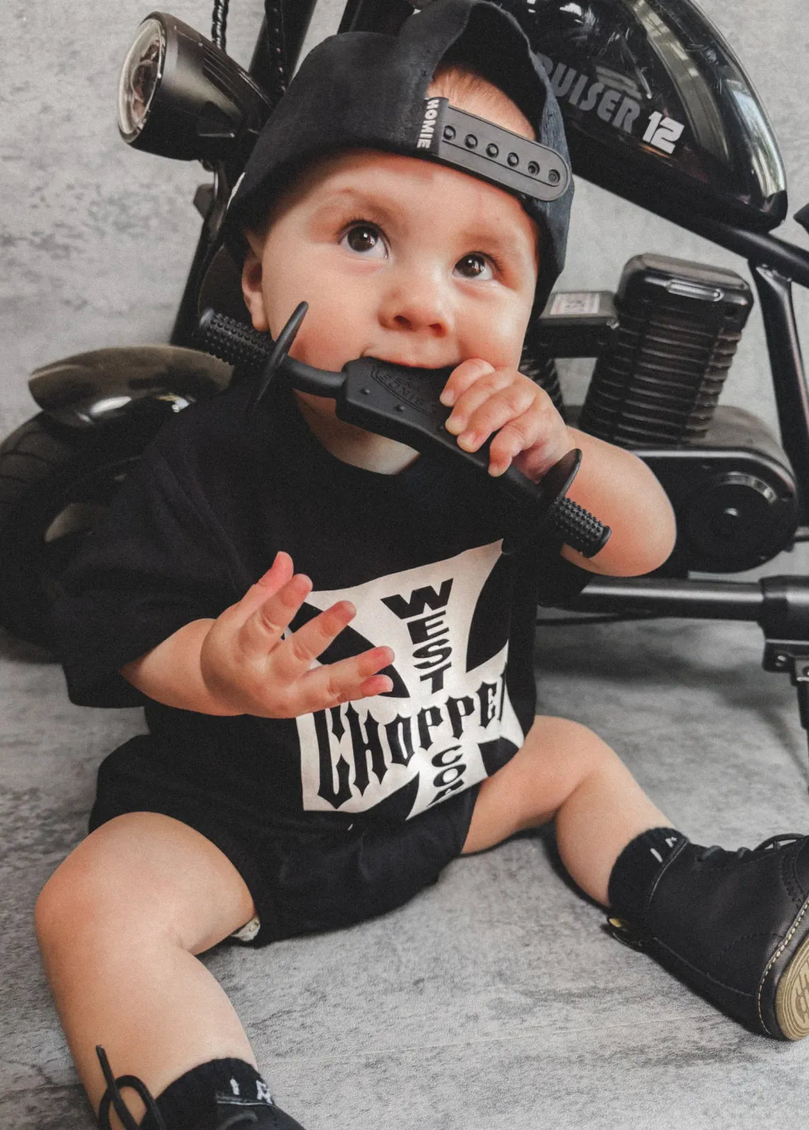 Baby Teether in a Motorcycle Handlebar Design with Soft Textured Grips for Babies and Toddlers — Black