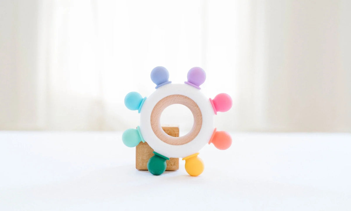 Baby Teether with Eight Silicone Nubs and Beech Wood Ring, Freezer Friendly in Five Color De — Confetti (With Dark Green Nub)