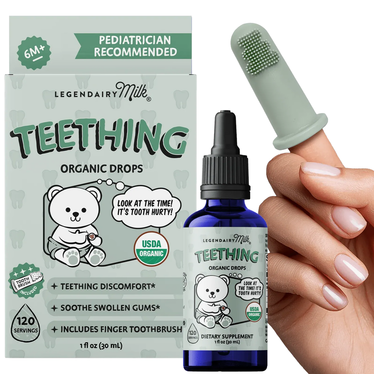 Baby Teething Drops with Organic Clove, Chamomile and Echinacea Support Plus Infant Toothbrush