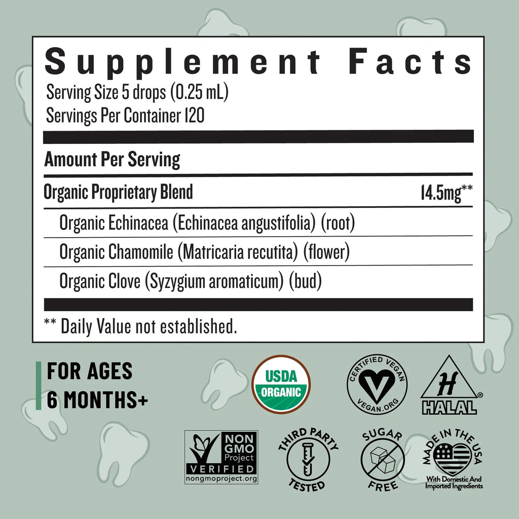 Baby Teething Drops with Organic Clove, Chamomile and Echinacea Support Plus Infant Toothbrush