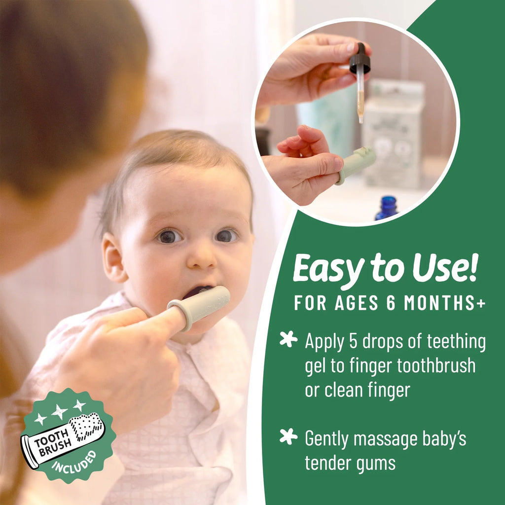 Baby Teething Drops with Organic Clove, Chamomile and Echinacea Support Plus Infant Toothbrush