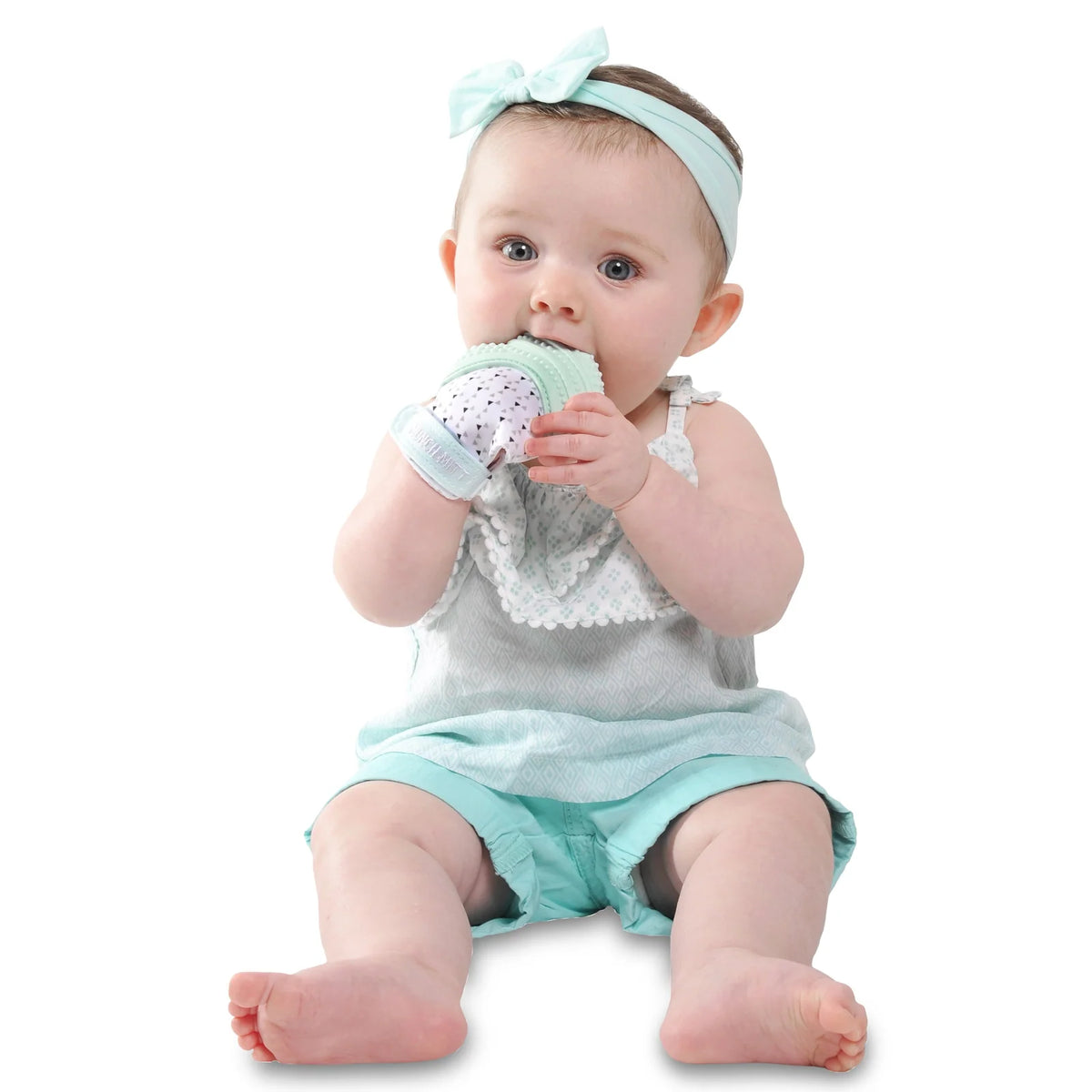 Baby Teething Mitt with Textured Silicone and an Adjustable Strap for Hands-Free Use on Either Hand