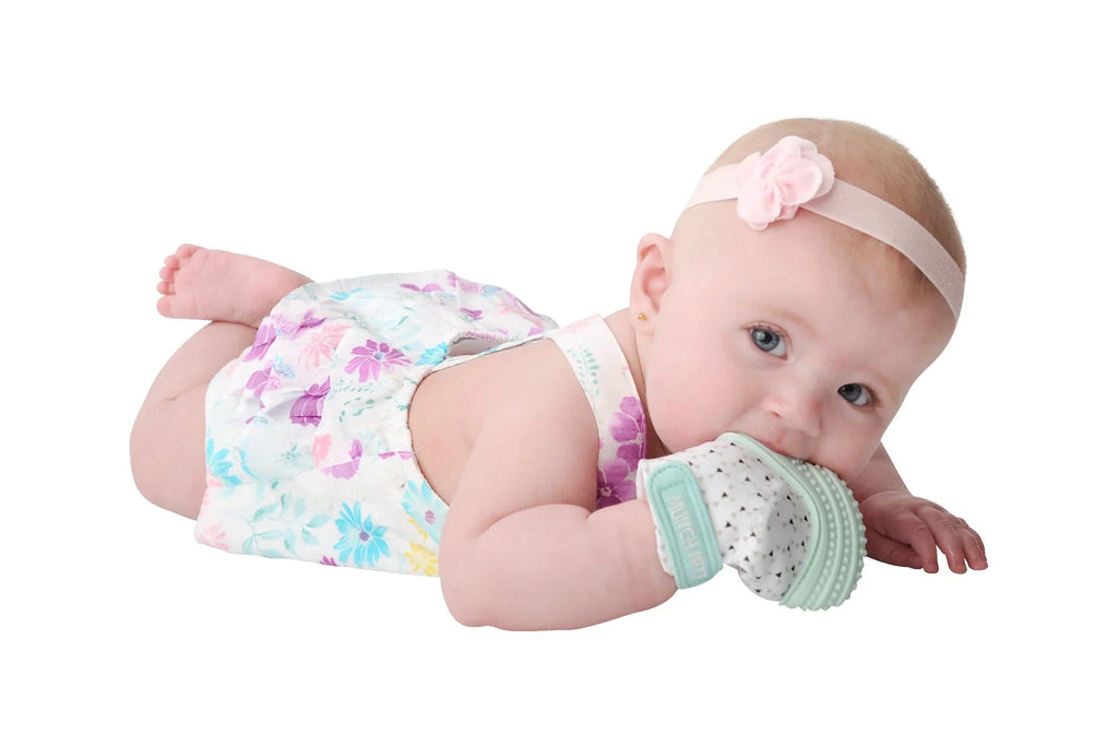 Baby Teething Mitt with Textured Silicone and an Adjustable Strap for Hands-Free Use on Either Hand