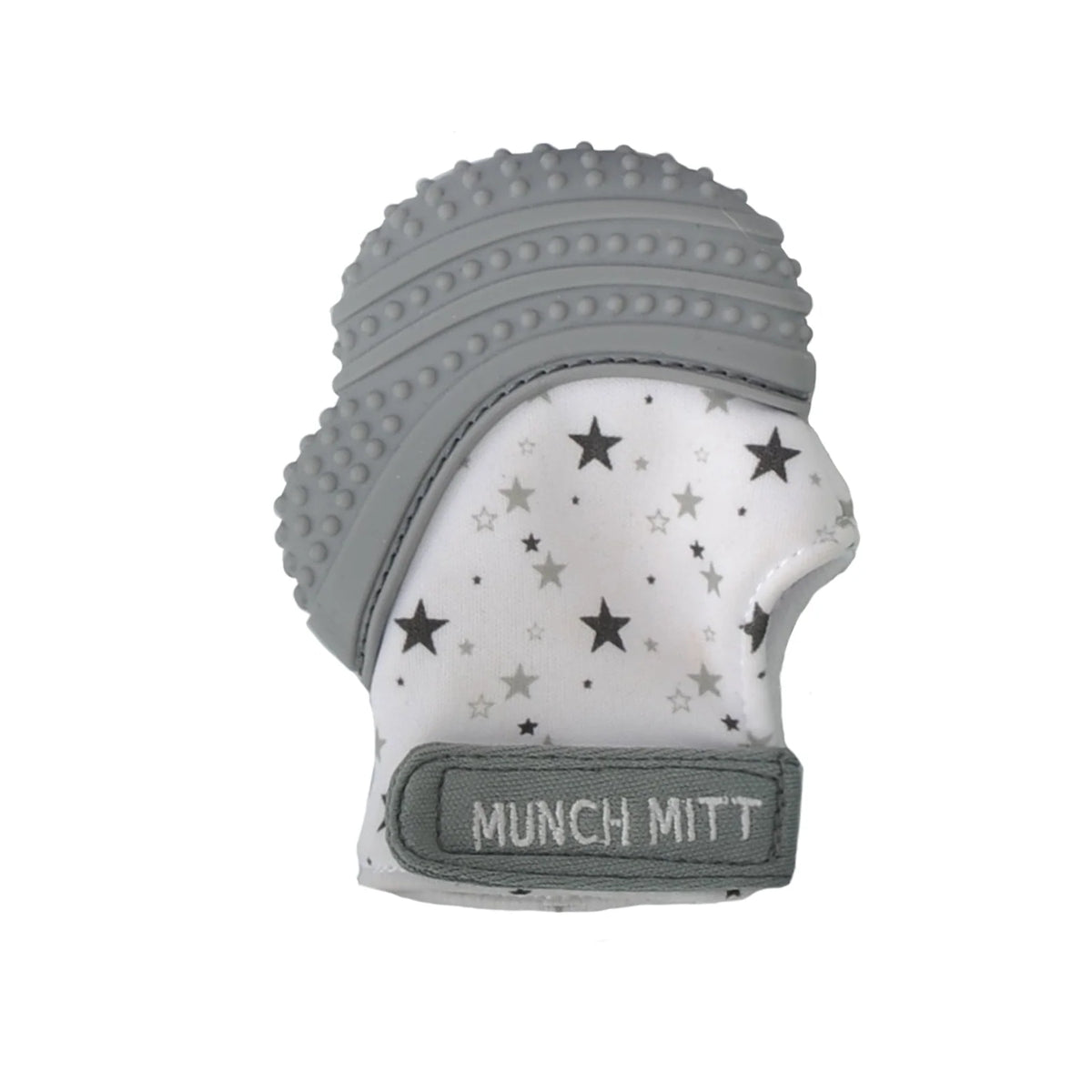 Baby Teething Mitt with Textured Silicone and an Adjustable Strap for Hands-Free Use on Either Hand — Grey Star