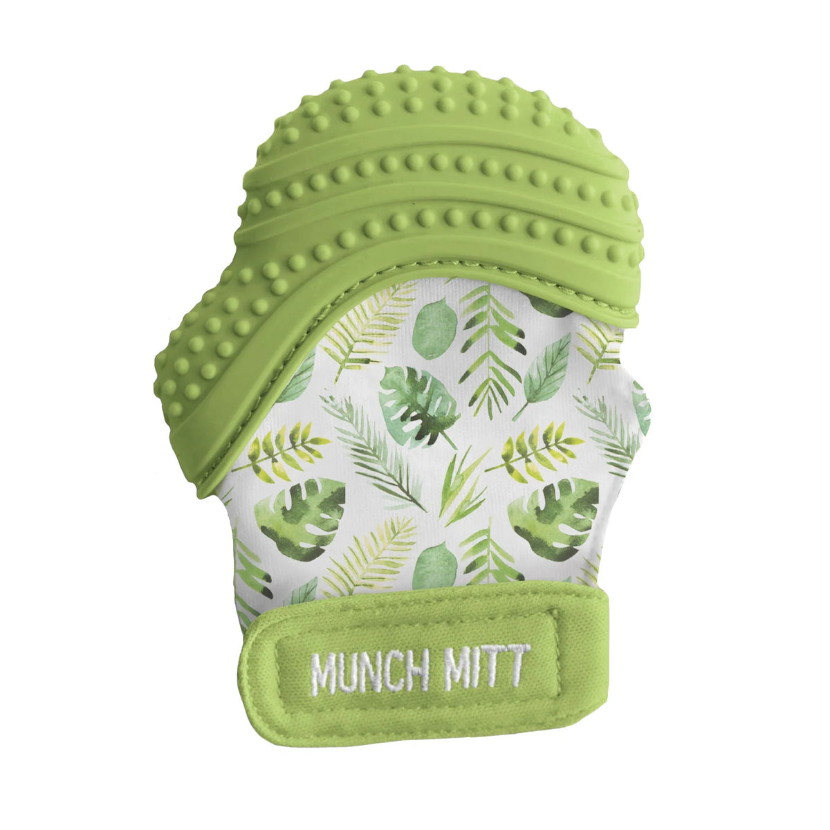 Baby Teething Mitt with Textured Silicone and an Adjustable Strap for Hands-Free Use on Either Hand — Tropical