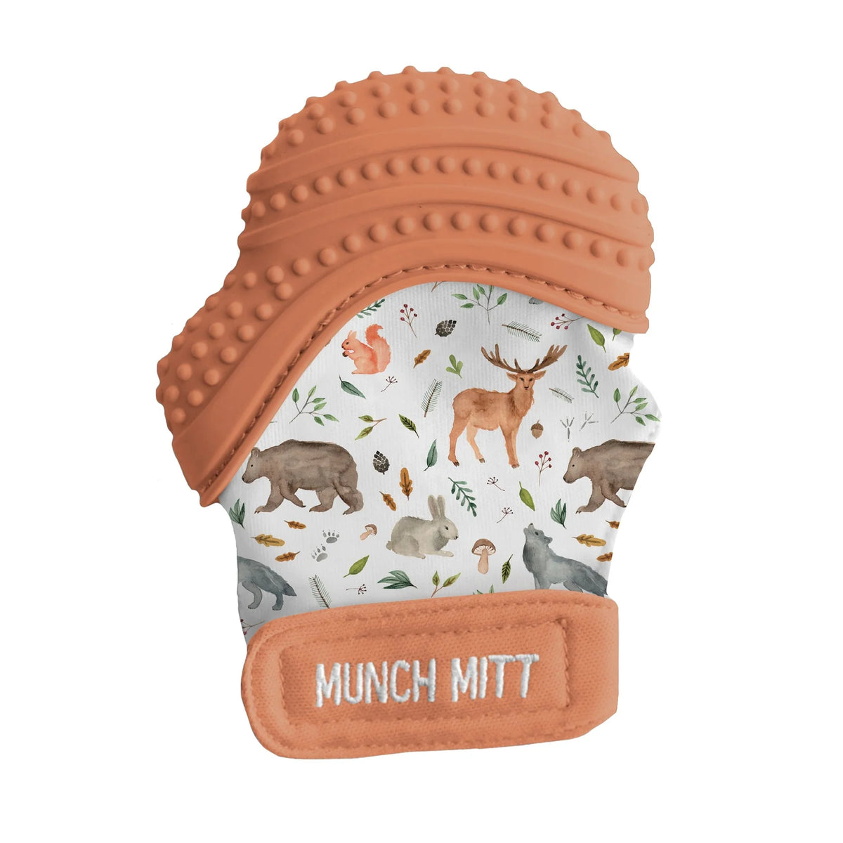 Baby Teething Mitt with Textured Silicone and an Adjustable Strap for Hands-Free Use on Either Hand — Woodland Animals