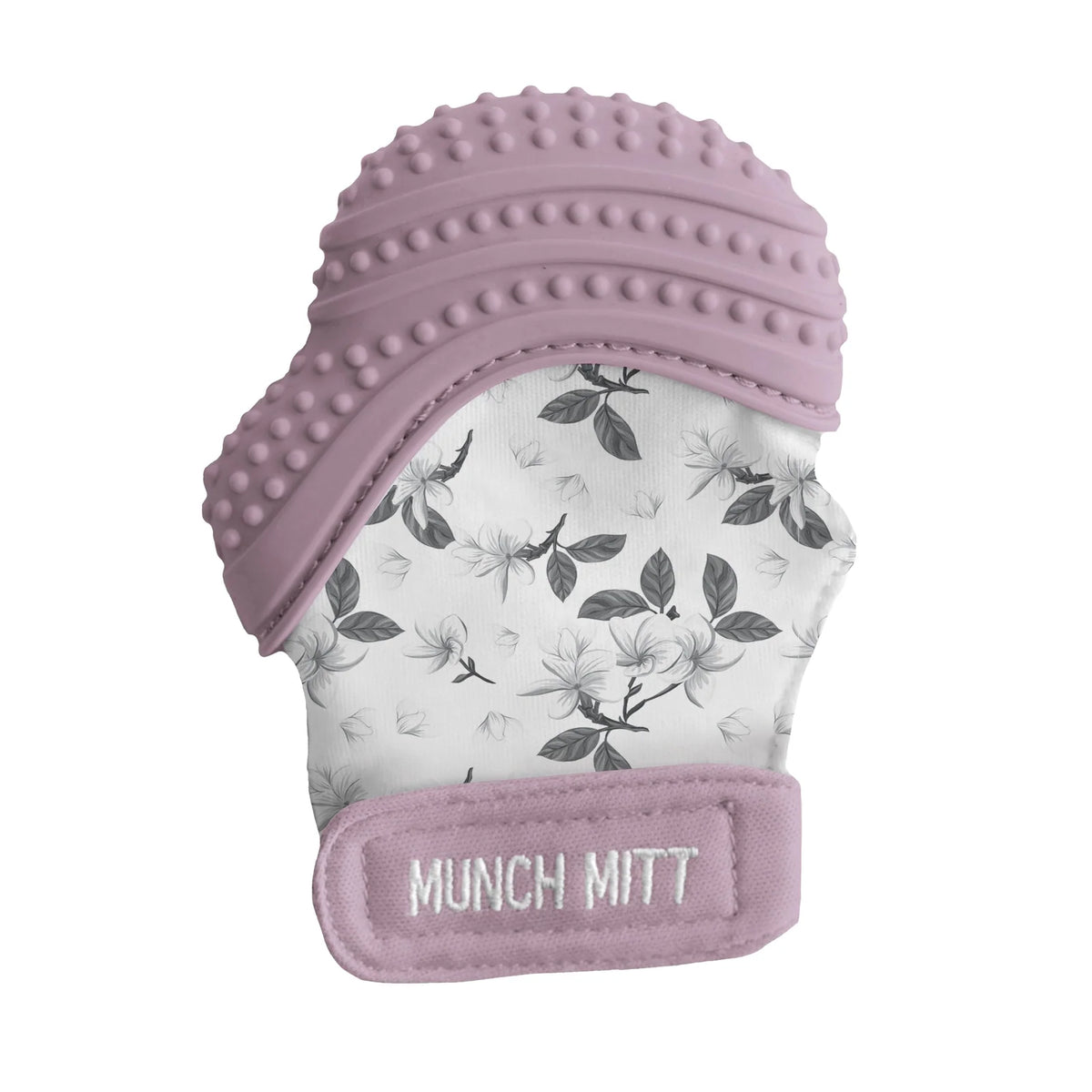 Baby Teething Mitt with Textured Silicone and an Adjustable Strap for Hands-Free Use on Either Hand — Lilac Bloom