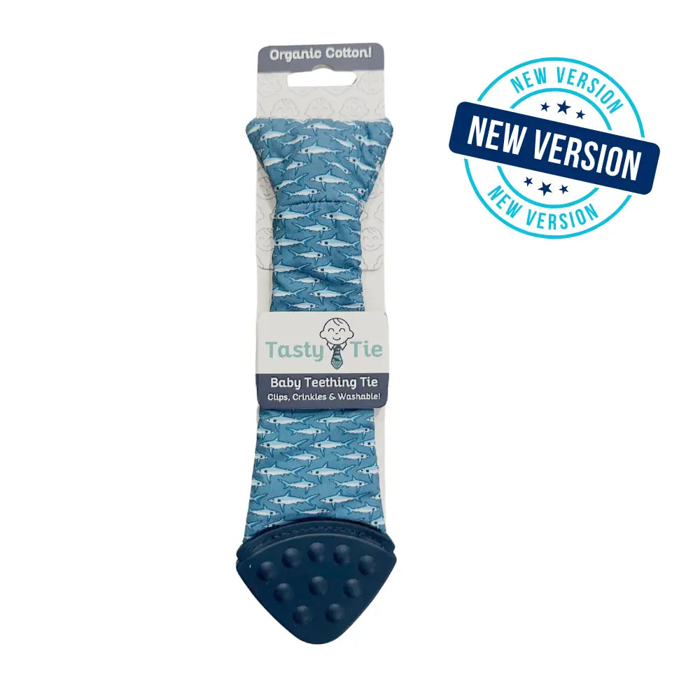 Baby Teething Tie, Crinkle Toy and Silicone Teether in Organic Cotton with Clip-On Designs — Shark