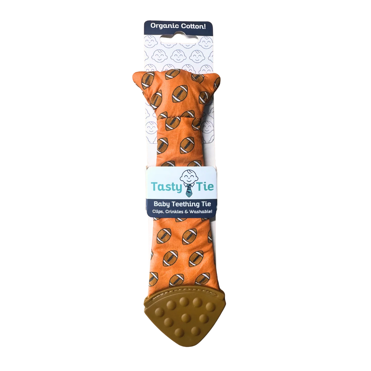 Baby Teething Tie, Crinkle Toy and Silicone Teether in Organic Cotton with Clip-On Designs — Football