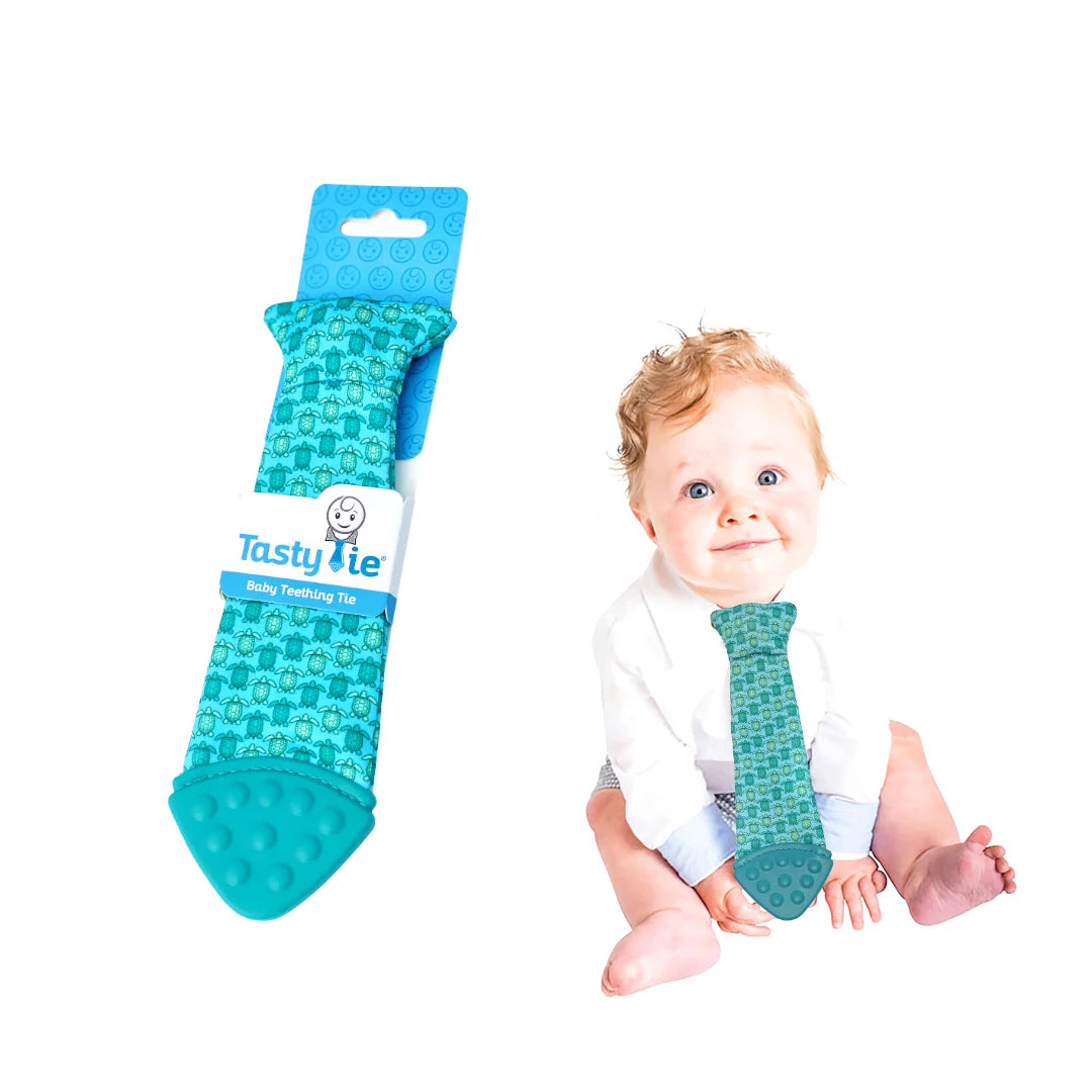 Baby Teething Tie, Crinkle Toy and Silicone Teether in Organic Cotton with Clip-On Designs — Turtle