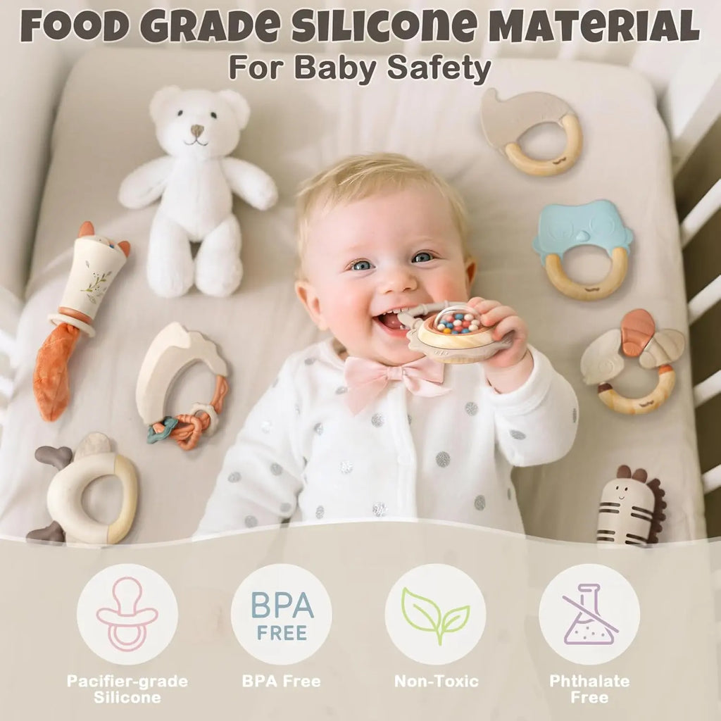 Baby Teething Toys and Sensory Rattle Set with Soft Silicone Textures for Gentle Infant Play