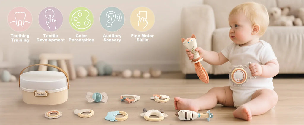 Baby Teething Toys and Sensory Rattle Set with Soft Silicone Textures for Gentle Infant Play