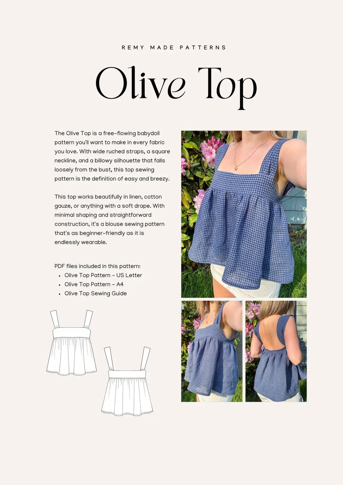 Babydoll Top PDF Sewing Pattern with Wide Ruched Straps and a Square Neckline for a Loose Silhouette