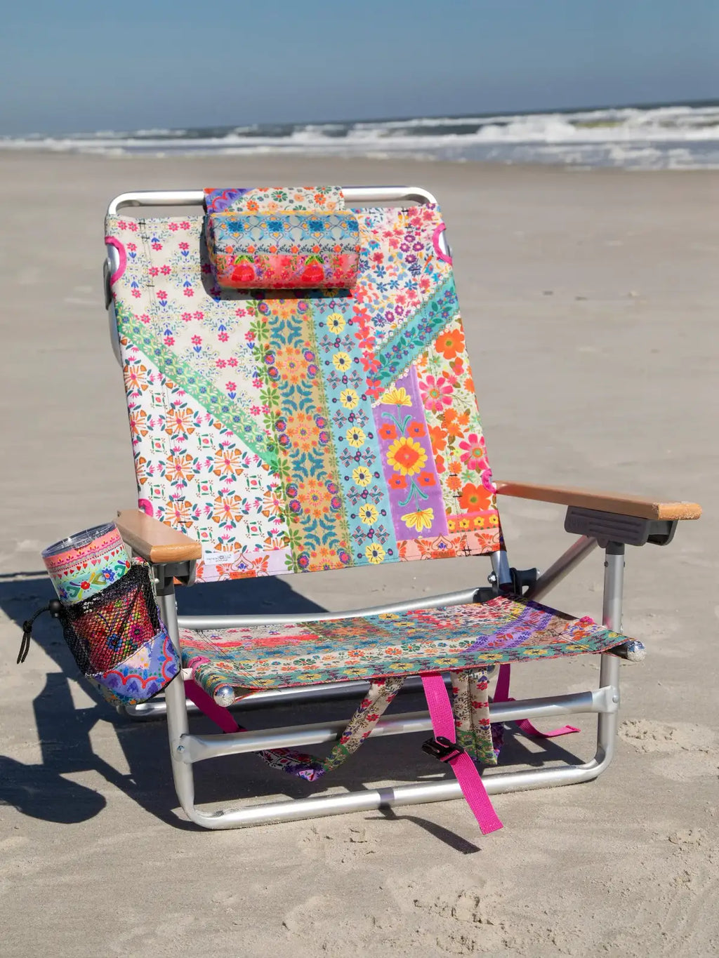 Backpack Beach Chair in Folk Flower Patchwork, Portable Folding Outdoor Seat for Beach Days and Camping