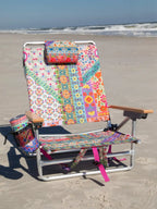 Backpack Beach Chair in Folk Flower Patchwork, Portable Folding Outdoor Seat for Beach Days and Camping