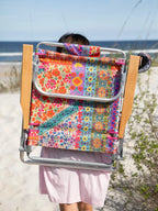 Backpack Beach Chair in Folk Flower Patchwork, Portable Folding Outdoor Seat for Beach Days and Camping