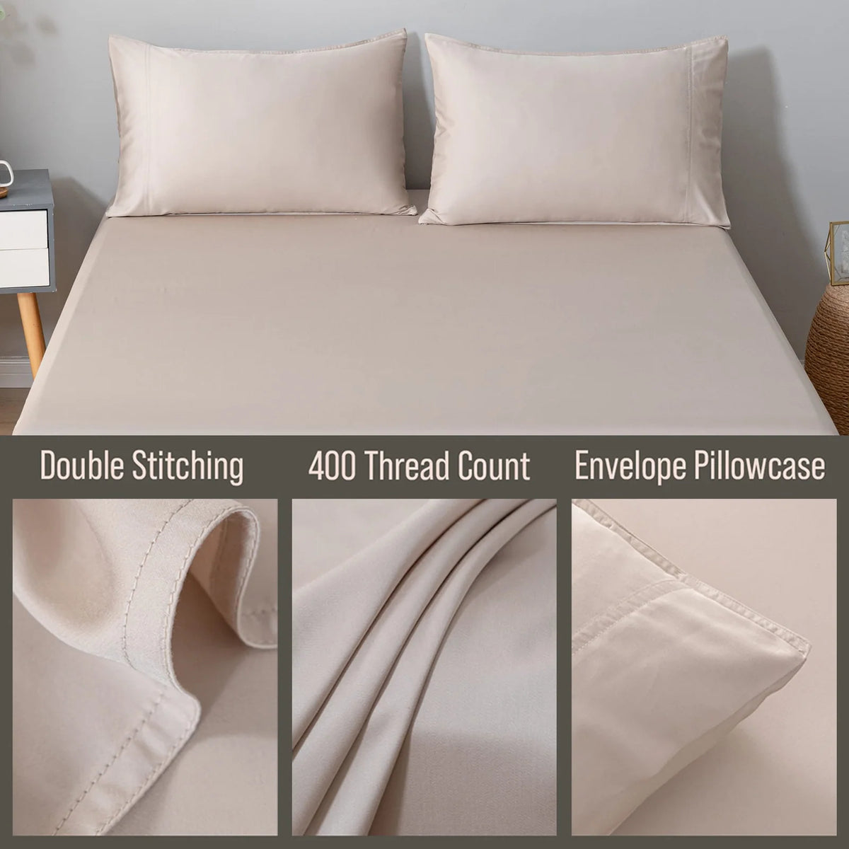 Bamboo Pillowcase Set with 400 Thread Count, Silky Cooling Comfort, and Standard, Queen, or King Sizes