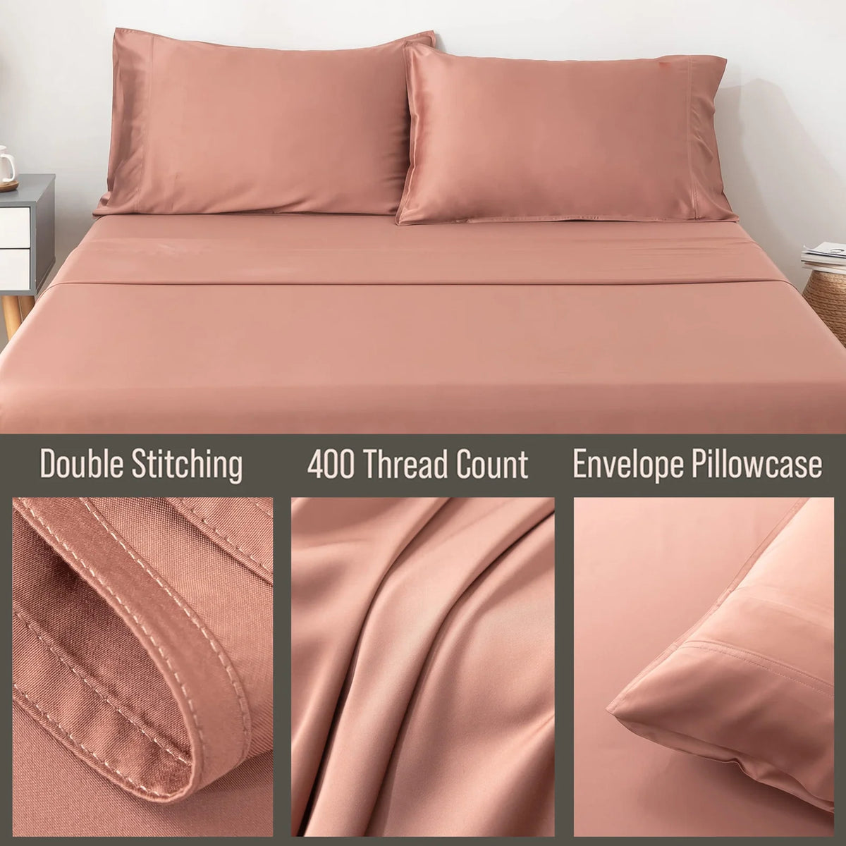 Bamboo Pillowcase Set with 400 Thread Count, Silky Cooling Comfort, and Standard, Queen, or King Sizes