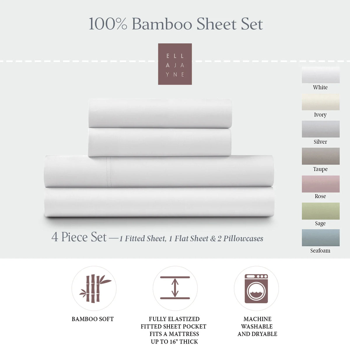 Bamboo Sheet Set with Fitted and Flat Sheets, Envelope Pillowcases, Seven Colors and Four Bed Sizes