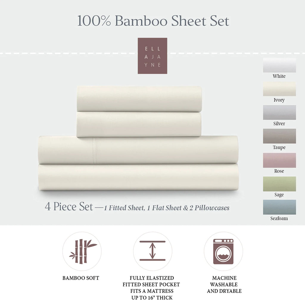Bamboo Sheet Set with Fitted and Flat Sheets, Envelope Pillowcases, Seven Colors and Four Bed Sizes