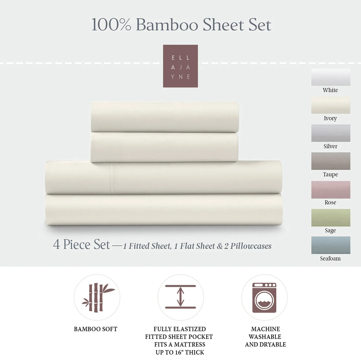 Bamboo Sheet Set with Fitted and Flat Sheets, Envelope Pillowcases, Seven Colors and Four Bed Sizes