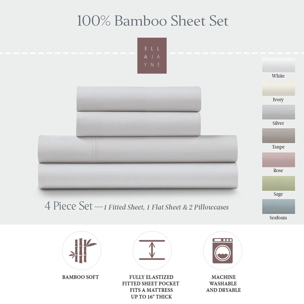 Bamboo Sheet Set with Fitted and Flat Sheets, Envelope Pillowcases, Seven Colors and Four Bed Sizes
