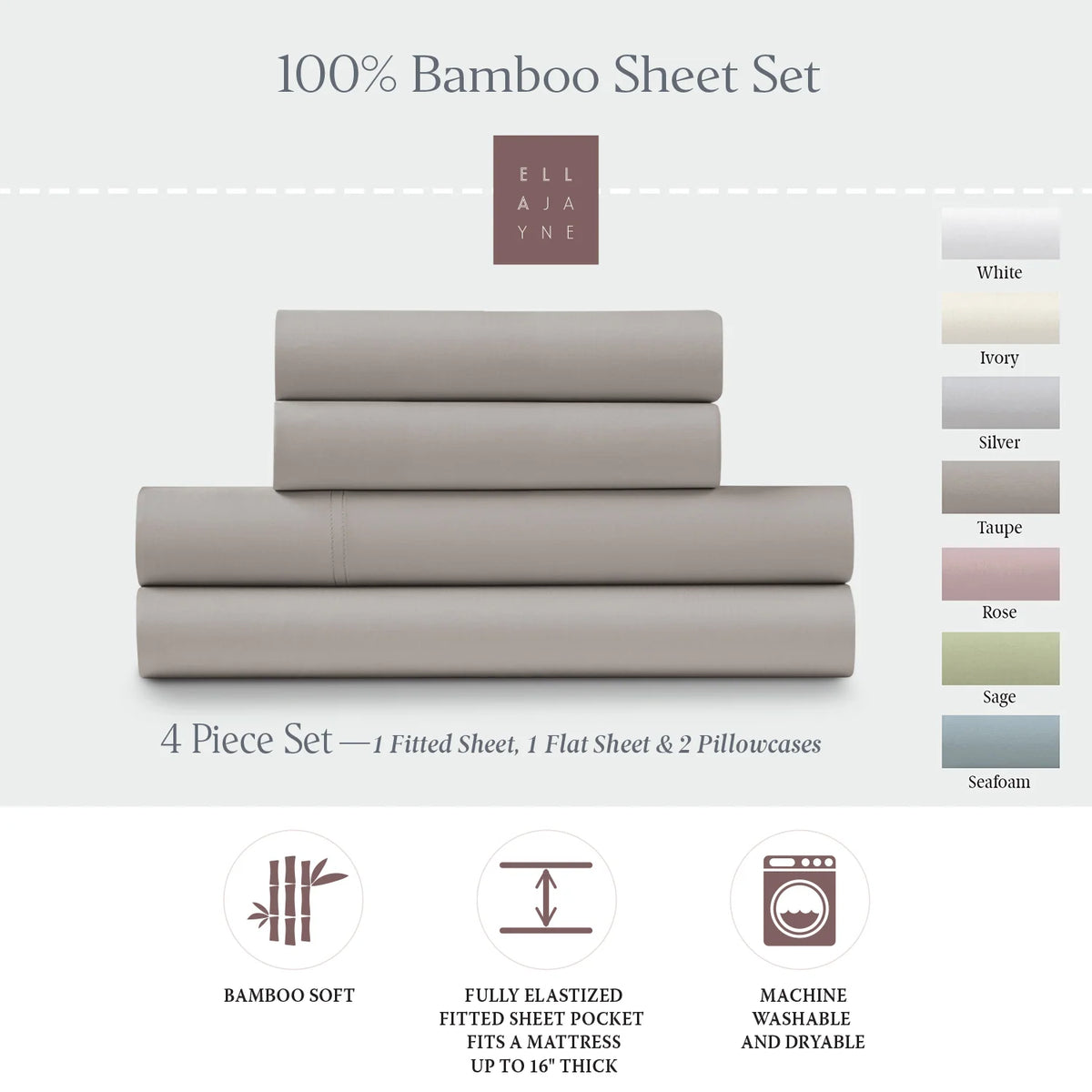 Bamboo Sheet Set with Fitted and Flat Sheets, Envelope Pillowcases, Seven Colors and Four Bed Sizes