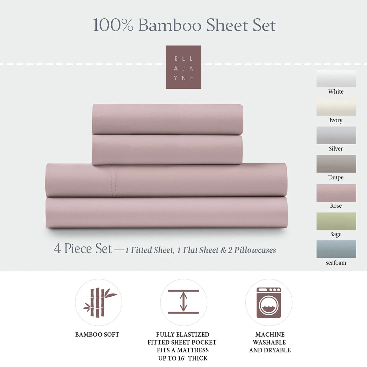 Bamboo Sheet Set with Fitted and Flat Sheets, Envelope Pillowcases, Seven Colors and Four Bed Sizes