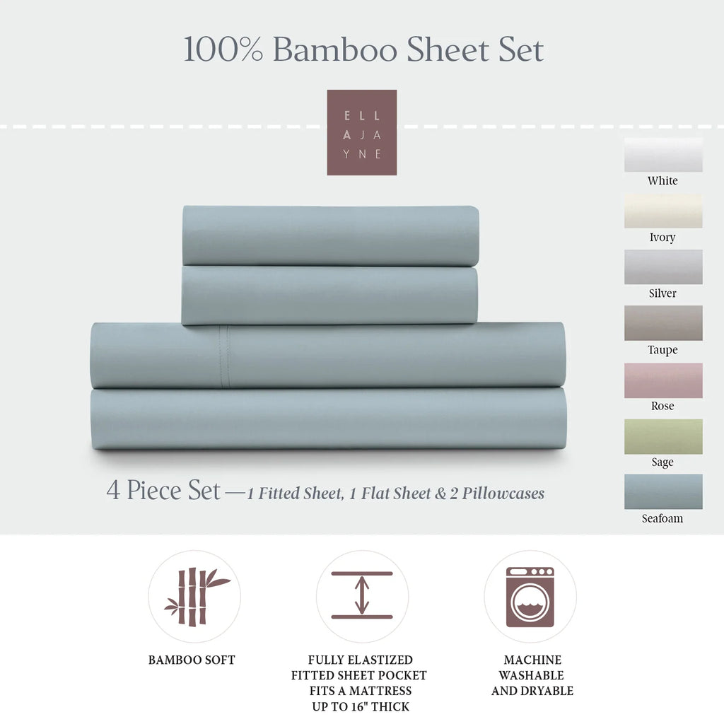 Bamboo Sheet Set with Fitted and Flat Sheets, Envelope Pillowcases, Seven Colors and Four Bed Sizes