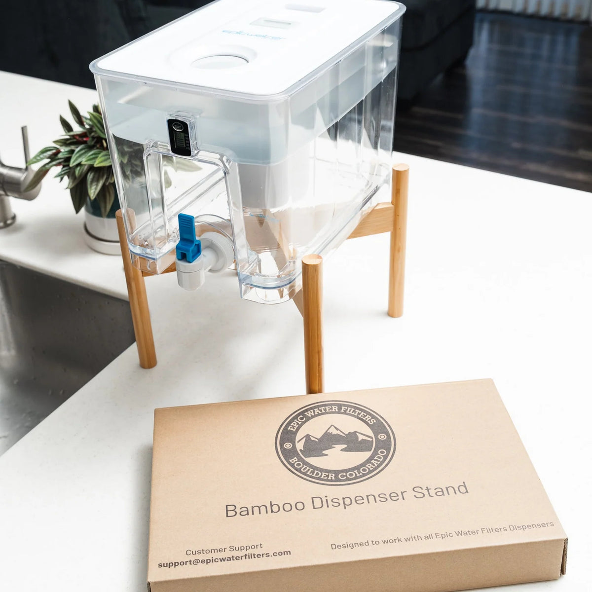 Bamboo Water Dispenser Stand with Stable Raised Base, Natural Finish and Easy Assembly for Home or Office