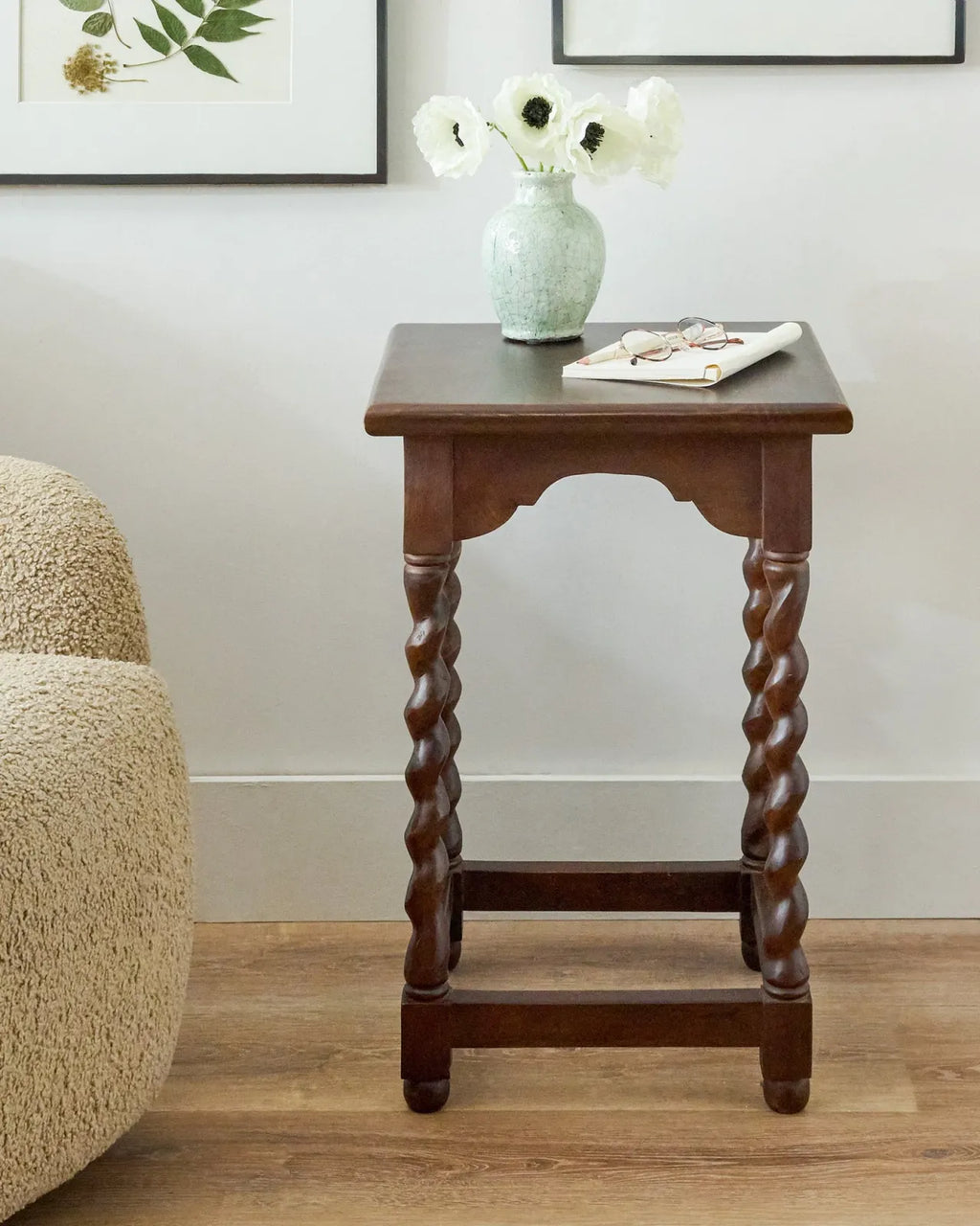 Barley Twist Accent Table in Solid Mango Wood with Hand-Finished Legs and a Deep Dark Stain for Vintage Character