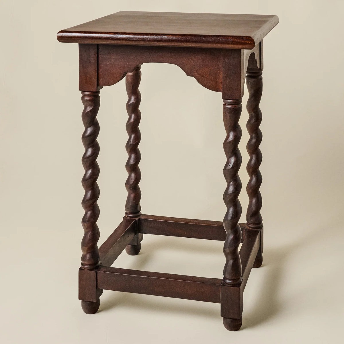 Barley Twist Accent Table in Solid Mango Wood with Hand-Finished Legs and a Deep Dark Stain for Vintage Character