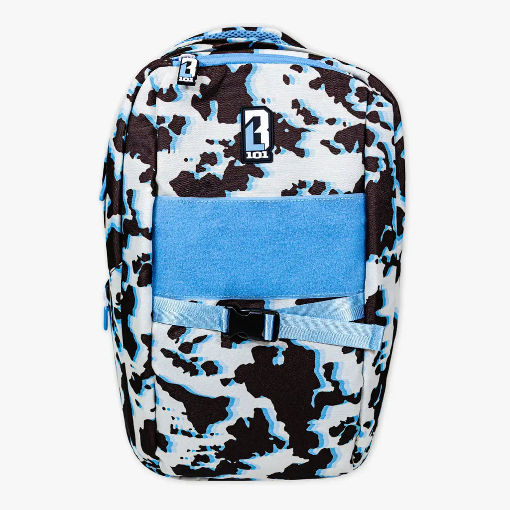 Baseball Backpack for School in Blue Cowhide Print with Expandable Bottle Pouches on Both Sides