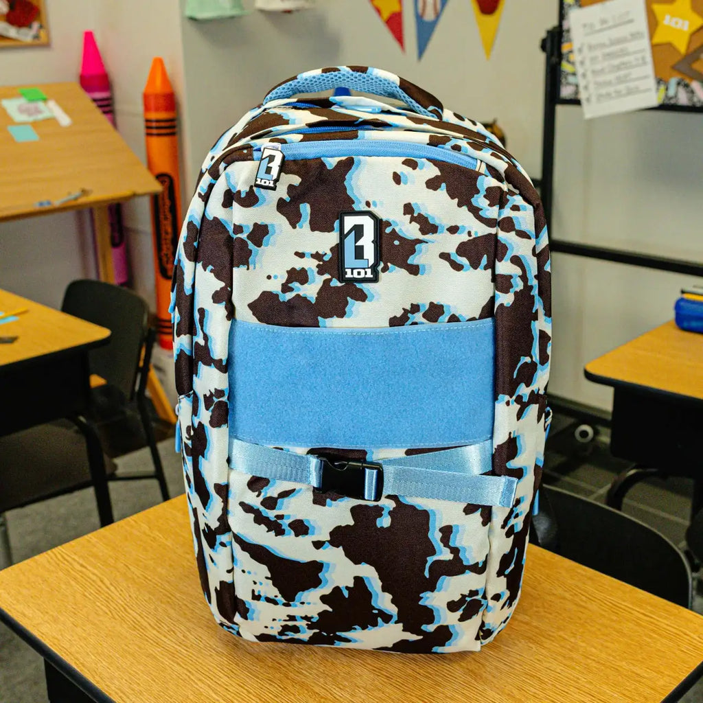 Baseball Backpack for School in Blue Cowhide Print with Expandable Bottle Pouches on Both Sides