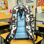 Baseball Backpack for School in Blue Cowhide Print with Expandable Bottle Pouches on Both Sides