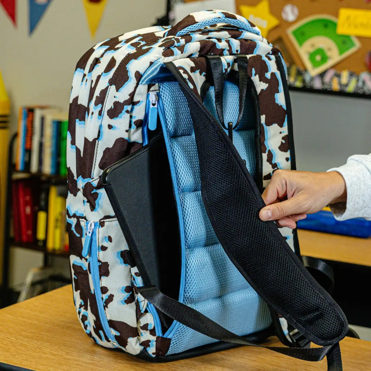 Baseball Backpack for School in Blue Cowhide Print with Expandable Bottle Pouches on Both Sides