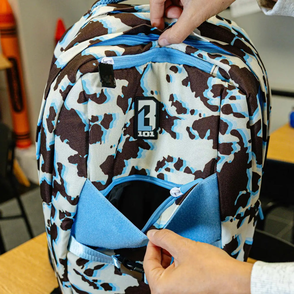 Baseball Backpack for School in Blue Cowhide Print with Expandable Bottle Pouches on Both Sides