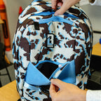 Baseball Backpack for School in Blue Cowhide Print with Expandable Bottle Pouches on Both Sides