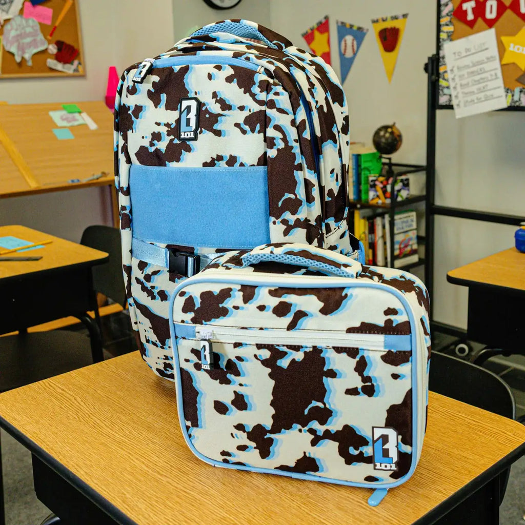 Baseball Backpack for School in Blue Cowhide Print with Expandable Bottle Pouches on Both Sides