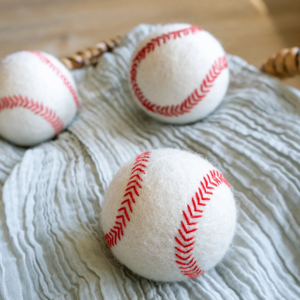 Baseball Wool Dryer Balls, Reusable Set of 3 for Small and Medium Laundry Loads in a Cotton Storage Bag