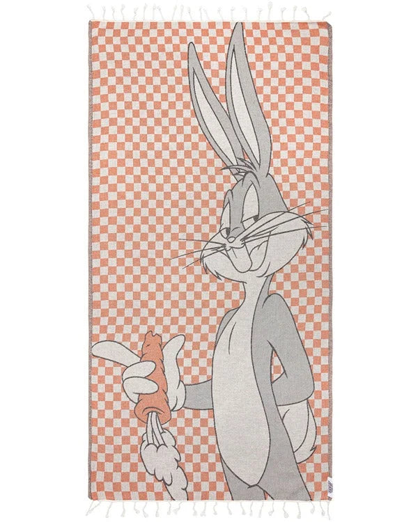 Beach Towel with Bugs Bunny Checker Design, Orange Turkish Organic Cotton, Jacquard Weave and Twisted Tassels