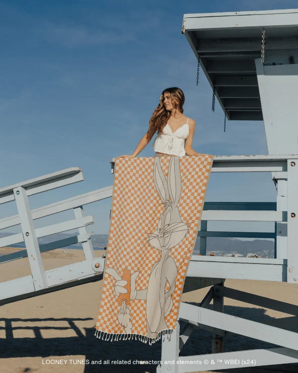 Beach Towel with Bugs Bunny Checker Design, Orange Turkish Organic Cotton, Jacquard Weave and Twisted Tassels