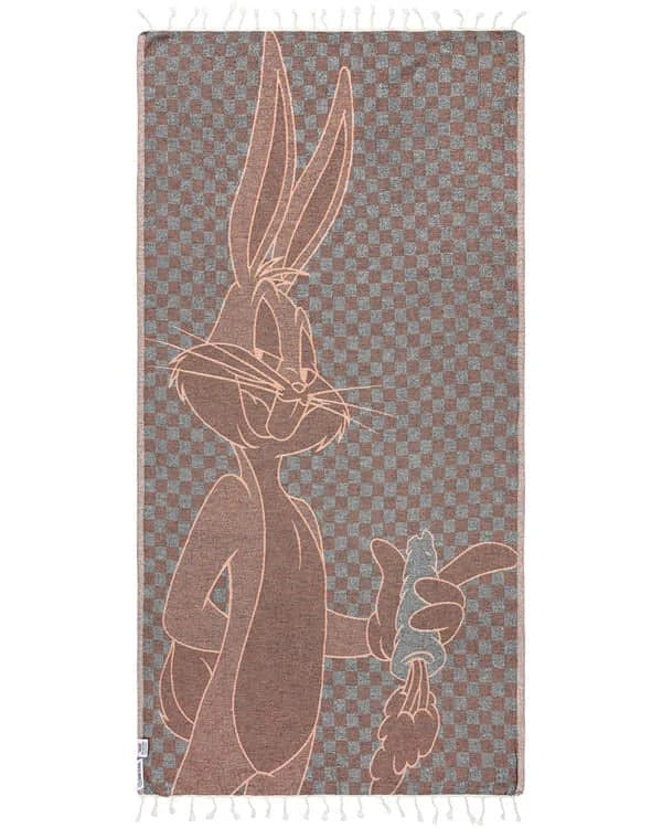 Beach Towel with Bugs Bunny Checker Design, Orange Turkish Organic Cotton, Jacquard Weave and Twisted Tassels